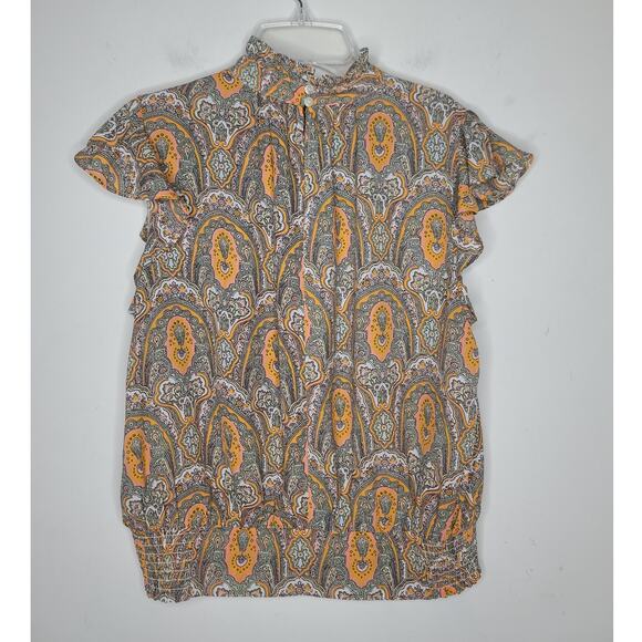 Ann Taylor orange medallion print short sleeve mock neck blouse - medium - Picture 3 of 4
